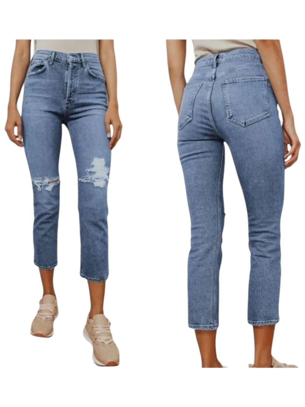 Agolde Blue Riley High Rise Distressed Straight Cropped Button Fly Jeans Size 26